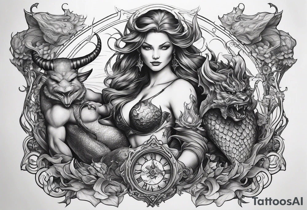 for the chest, a tattoo of a female mermaid and a male demon fighting each other over an hourglass. tattoo idea