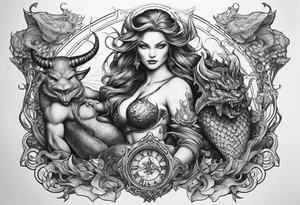 for the chest, a tattoo of a female mermaid and a male demon fighting each other over an hourglass. tattoo idea