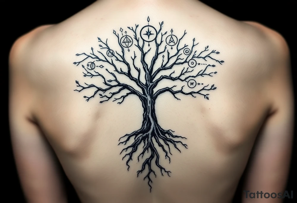 Tree, roots, branches - a lively organic style, combined with the official scheme of sephirot Classic scheme of Sephiroth, symmetry, circles, clean lines, ancient aesthetics. tattoo idea