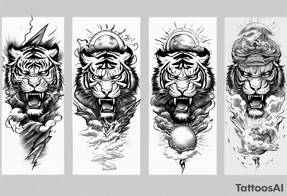 Tiger warrior with lightning and the sun for a forearm sleeve tattoo idea