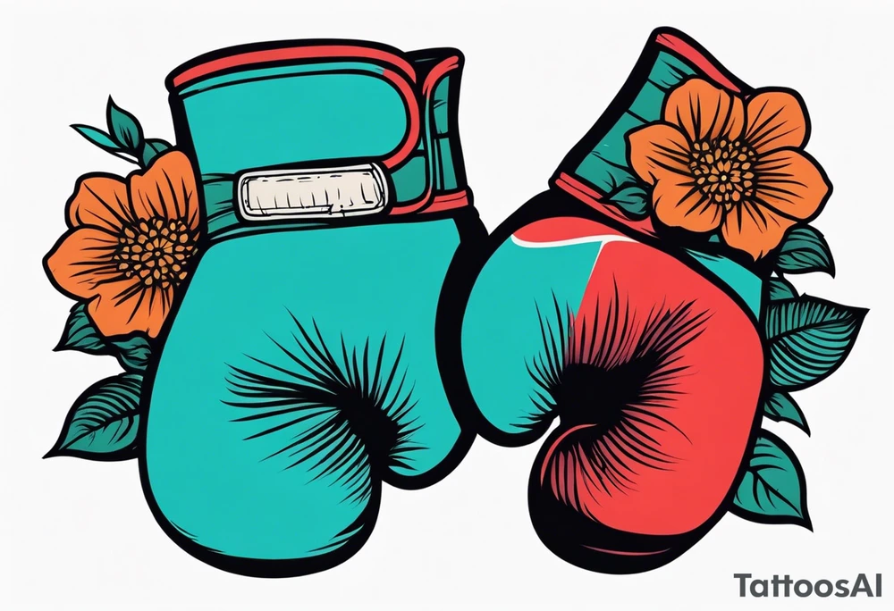 boxing gloves and flowers bold colors traditional old school vintage tattoo idea