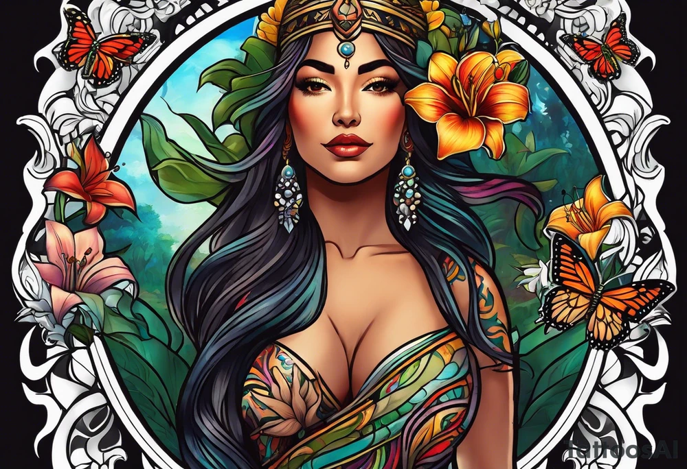 Forward-facing, portrait full length of Hispanic creation goddess standing upright.  Butterflies in background. Lillies near her feet with colorful vegetation. tattoo idea