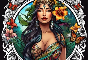 Forward-facing, portrait full length of Hispanic creation goddess standing upright.  Butterflies in background. Lillies near her feet with colorful vegetation. tattoo idea