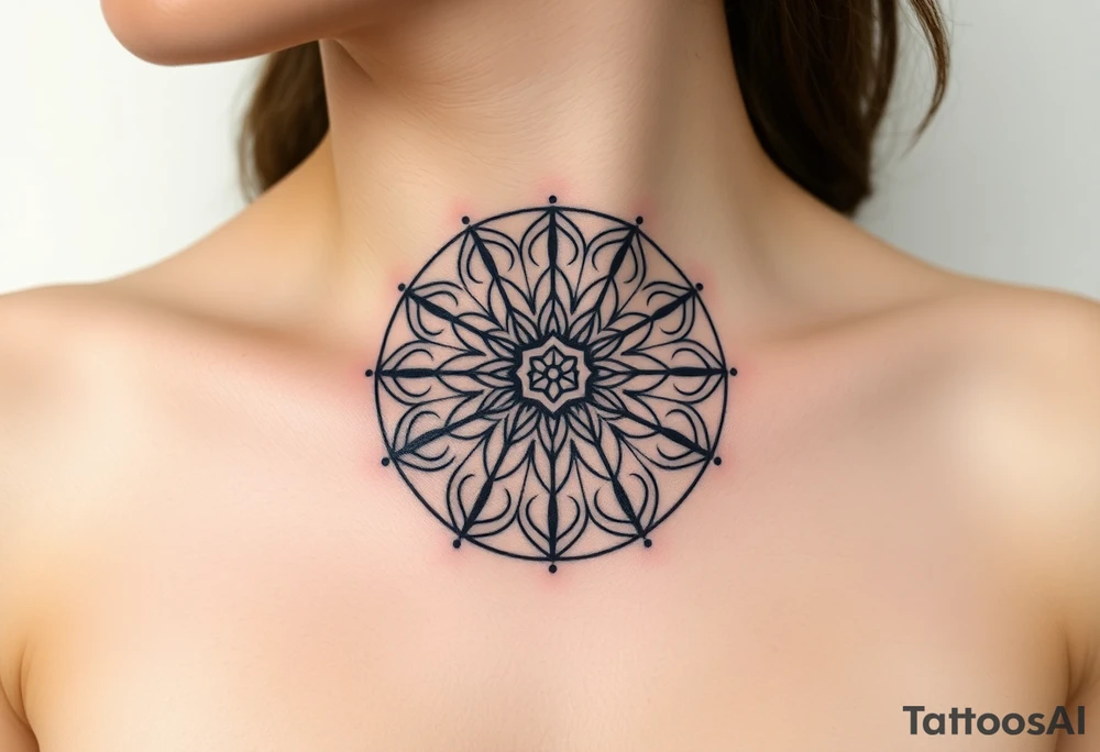 A symmetrical Flower of Life with hexagonal crystal and geometrical details in round cyrcle, enhancing its sacred geometric nature. tattoo idea