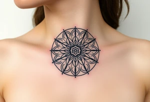 A symmetrical Flower of Life with hexagonal crystal and geometrical details in round cyrcle, enhancing its sacred geometric nature. tattoo idea