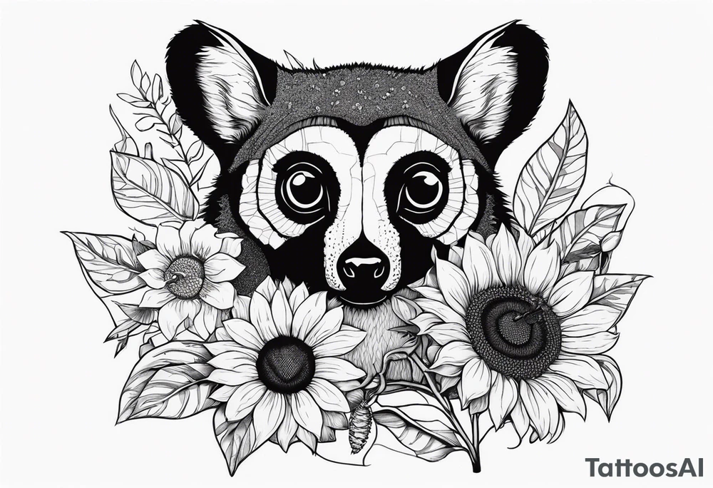 A lemur holding a sunflower with a bee circling tattoo idea A lemur holding a sunflower with a bee circling tattoo idea