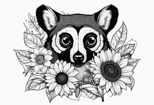 A lemur holding a sunflower with a bee circling tattoo idea