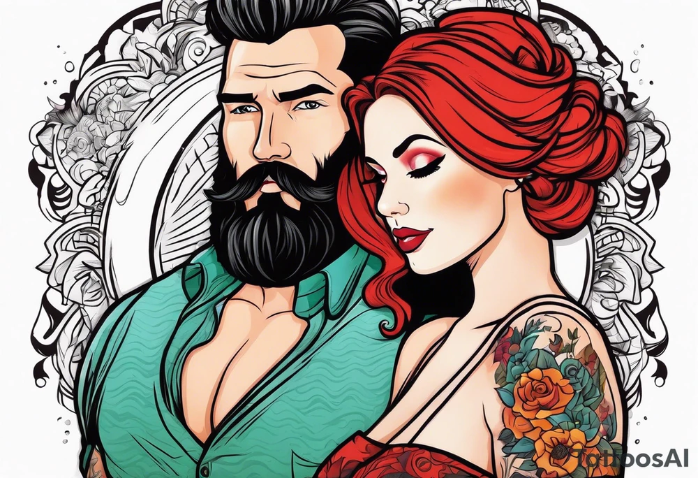 Busty Red haired woman with black haired bearded man tattoo idea