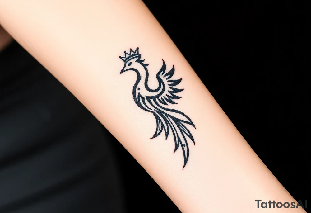 Pheonix wearing a crown with flowy long tail tattoo idea