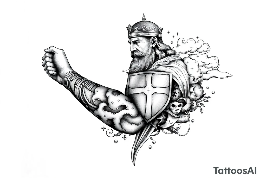 Half sleeve. King Alfred the great, sword, clouds, shield, cross tattoo idea
