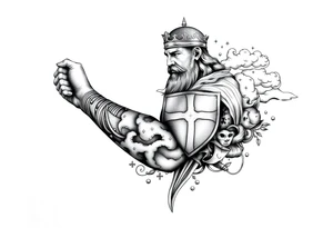 Half sleeve. King Alfred the great, sword, clouds, shield, cross tattoo idea
