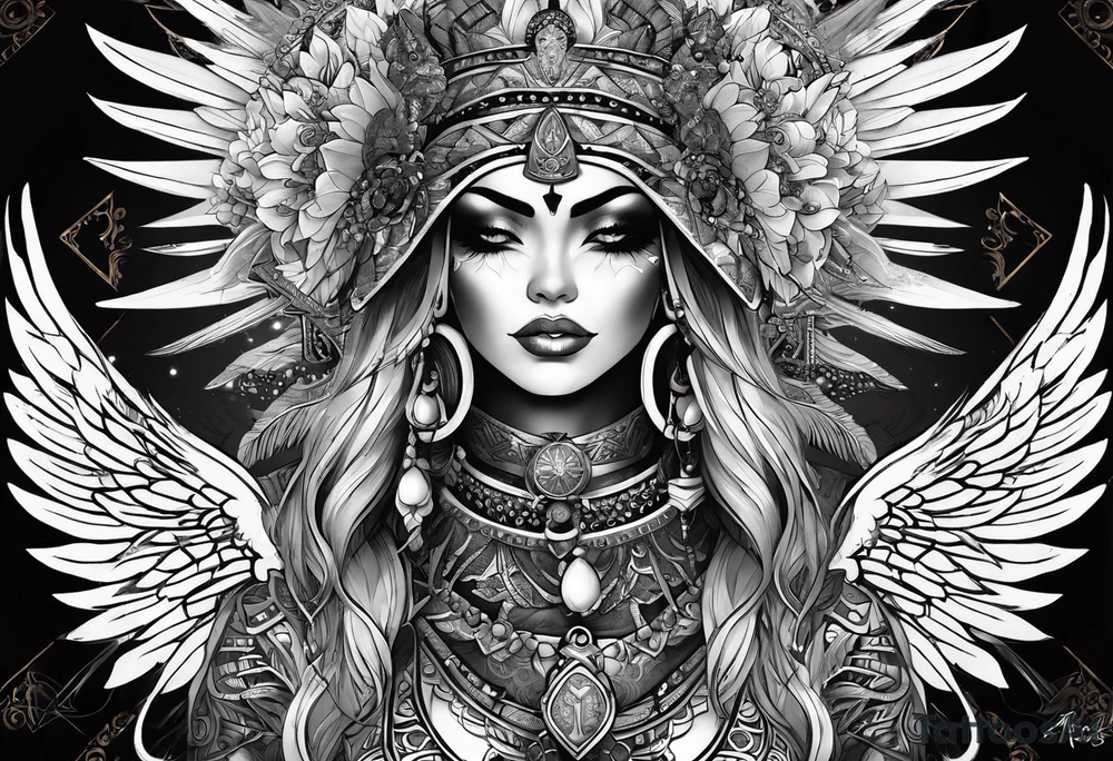 black kali, goddess pirate, alien, pachamama, valkrye, warrior, skull, lotus azul, wing, eagle, zenza resonance, stars, one side chest tattoo idea
