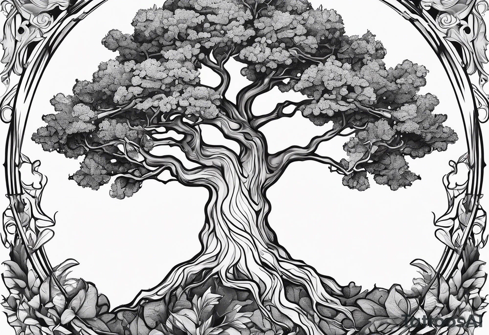 One line tattoo of oak tree with little gift at the bottom tattoo idea
