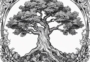 One line tattoo of oak tree with little gift at the bottom tattoo idea