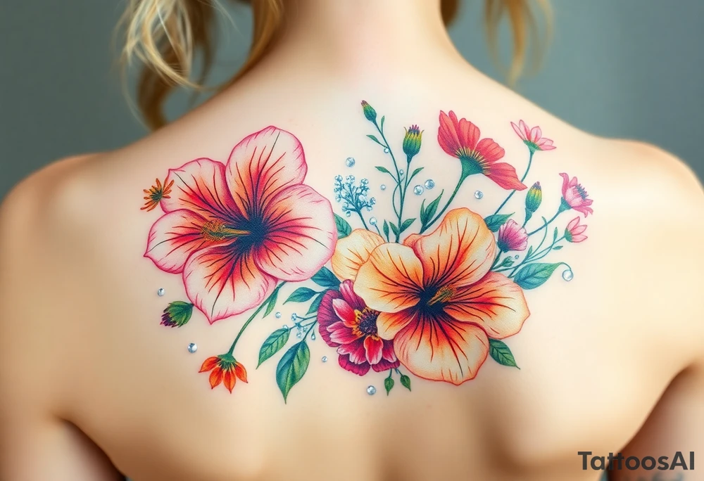 vintage bouquet of wild hibiscus
 and meadow flowers with morning dew and a fox tattoo idea