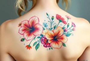 vintage bouquet of wild hibiscus
 and meadow flowers with morning dew and a fox tattoo idea