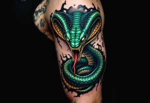 A coiled cobra with flared hood inked in glossy black and deep emerald green, its golden eyes glowing and fangs dripping with crimson venom, poised to strike against a smoky gray background. tattoo idea