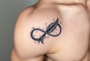 infinity symbol woven with floating feathers and stardust tattoo idea