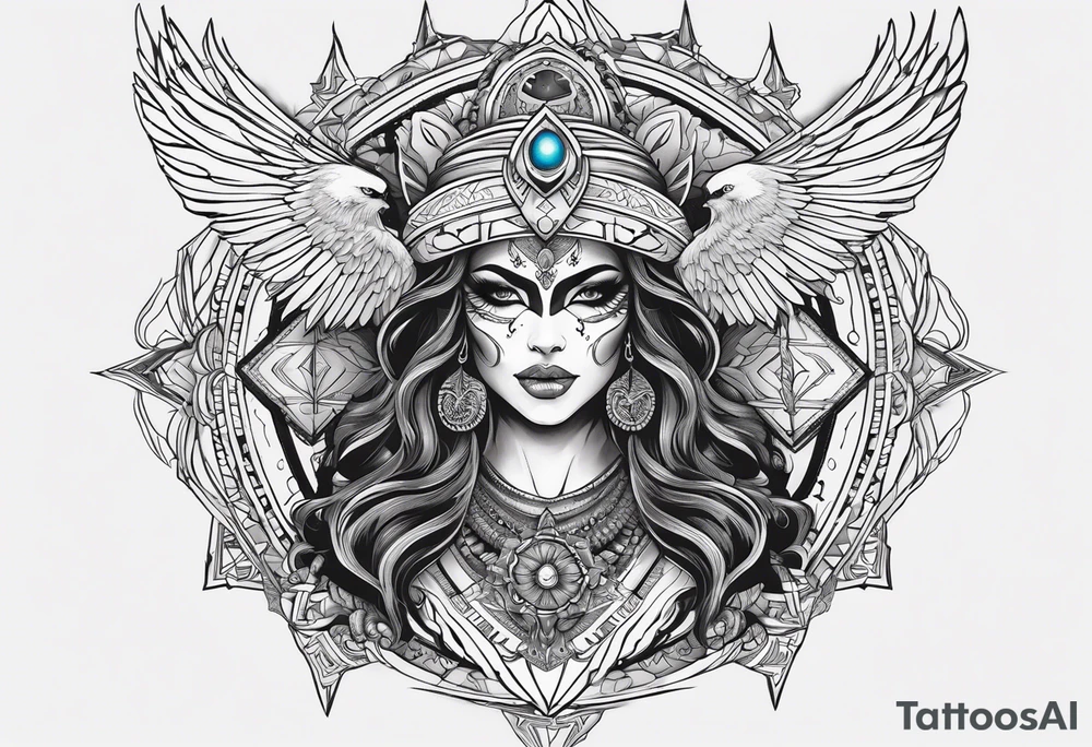 black kali, goddess pirate, alien, pachamama, valkrye, warrior, skull, lotus azul, wing, eagle, zenza resonance, stars, 5D, anahata chakra tattoo idea
