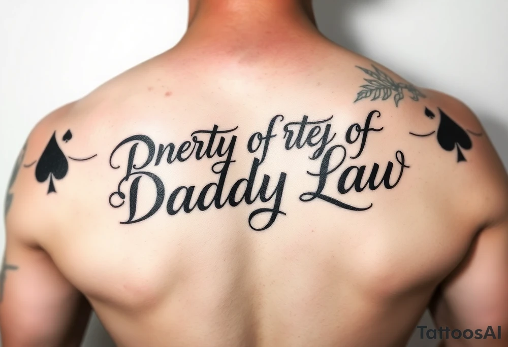 Lettering in calligraphy/cursive that says:
Property of
Daddy Law

(Somewhere in there a queen of spades. 
Area of tattoo: ass
) tattoo idea