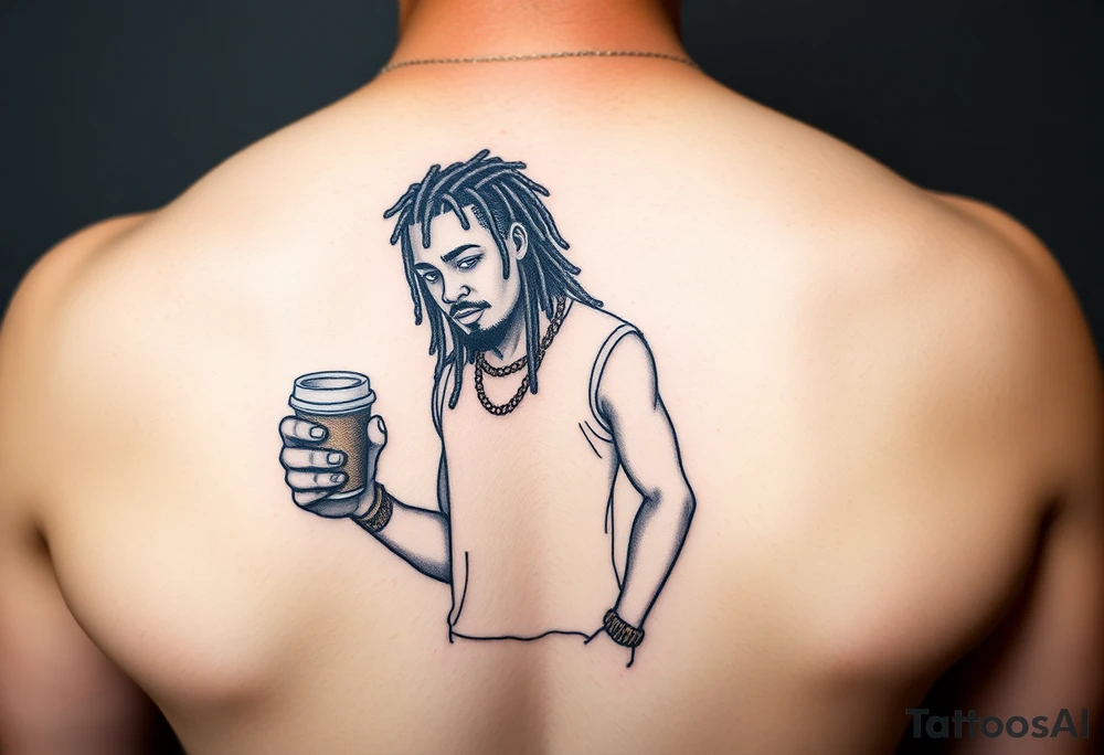 Black character with dread locs holding a coffee in one hand with socks and Jordan’s on tattoo idea