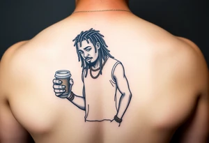 Black character with dread locs holding a coffee in one hand with socks and Jordan’s on tattoo idea