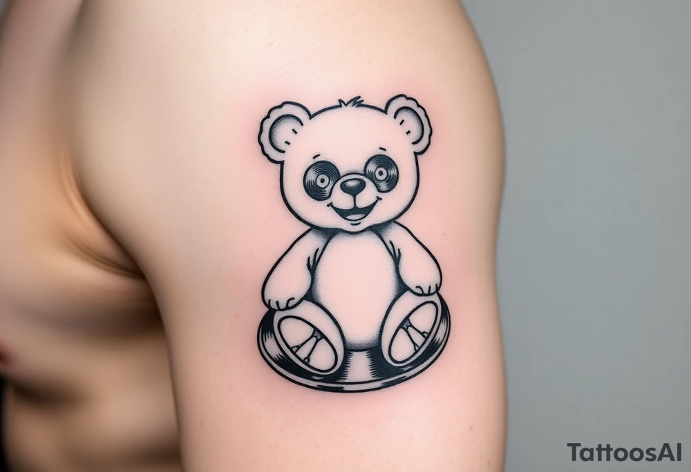 minimalist teddy bear with vinyl records as eyes smiling and sitting on a record tattoo idea