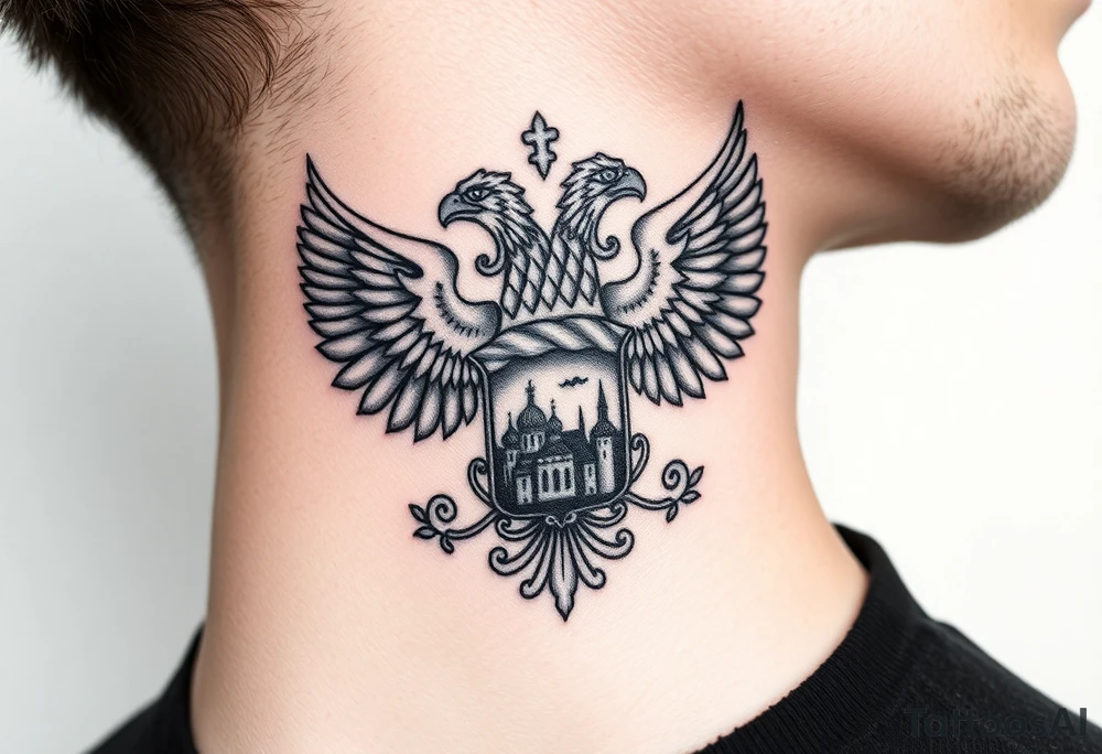 Traditional authentic Russian coat of arms with double headed eagle & a well shaded Christian orthodox virgin marry crest in the middle with silhouette of a lake in a Russian wilderness Christian orthodoxy dome church village setting on the side of my neck tattoo idea