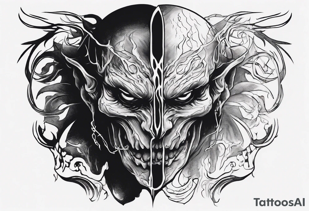 A black, shapless, faceless demonic shadow peering out into the surroundings with an ominous presence." tattoo idea
