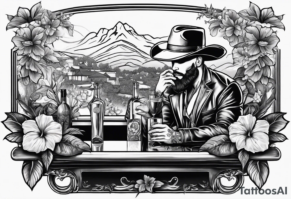 a bar scene with a skeleton couple with hibiscus flowers. western style tattoo idea