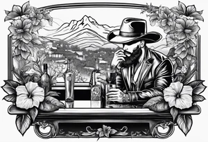 a bar scene with a skeleton couple with hibiscus flowers. western style tattoo idea