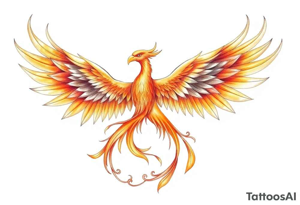 magnificent phoenix rising from golden flames with trailing embers tattoo idea