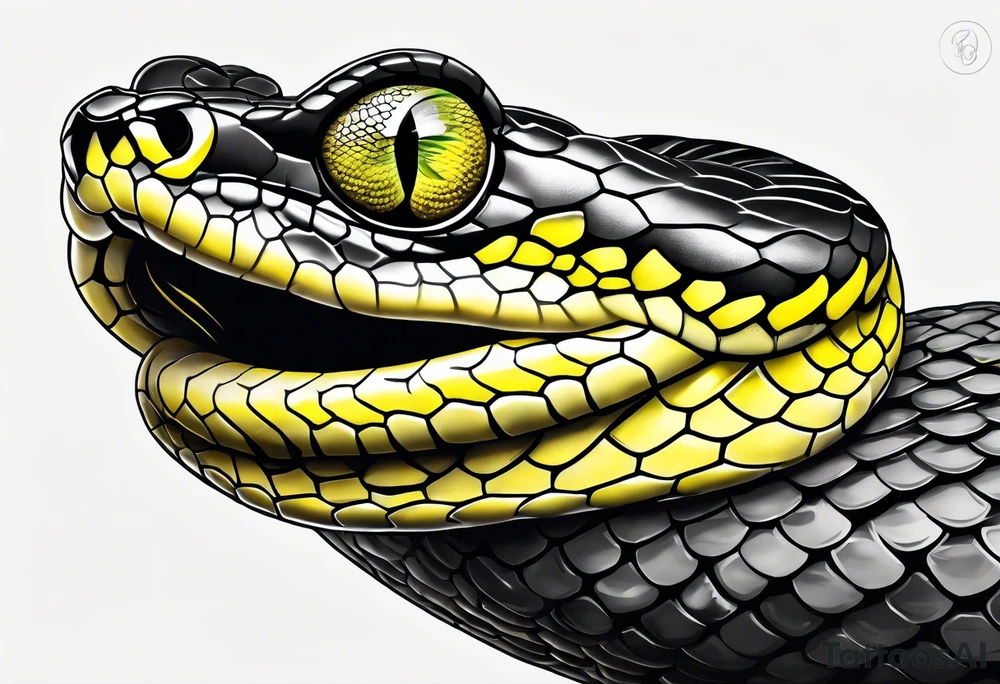 Black and grey realistic yellow blotched pit viper snake with rainforest background on forearm tattoo idea