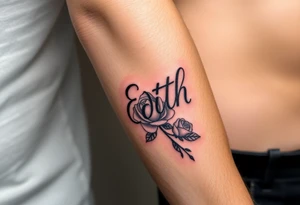 Edith tattoo with a cursive e with a rose half-sleeve tattoo idea