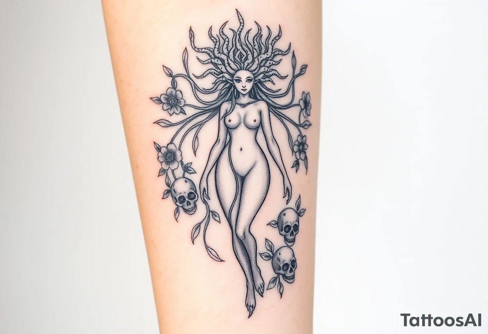 Ethereal Medusa standing. She is beautiful and feminine. She is a phoenix rising from fire and ash. Surrounded by flowers and skulls tattoo idea