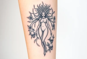 Ethereal Medusa standing. She is beautiful and feminine. She is a phoenix rising from fire and ash. Surrounded by flowers and skulls tattoo idea