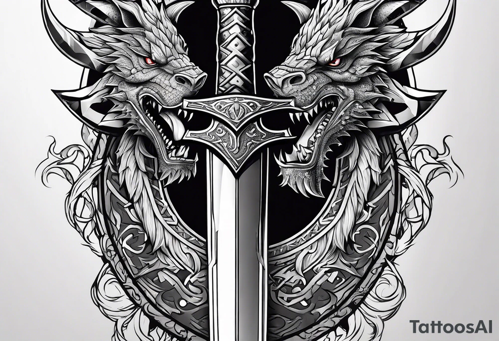 Valhalla sword shield dragon axe tattoo idea