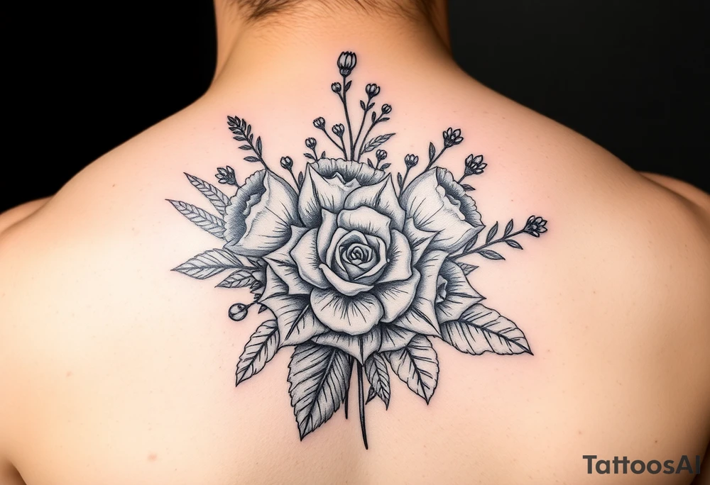 vintage bouquet of wild roses and meadow flowers with morning dew tattoo idea