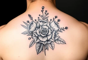 vintage bouquet of wild roses and meadow flowers with morning dew tattoo idea