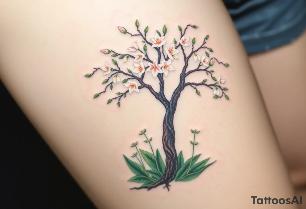 Flowering hawthorne tree with white lilly of the vally bell plants planted by  tree with other lilly plants t8q tattoo idea