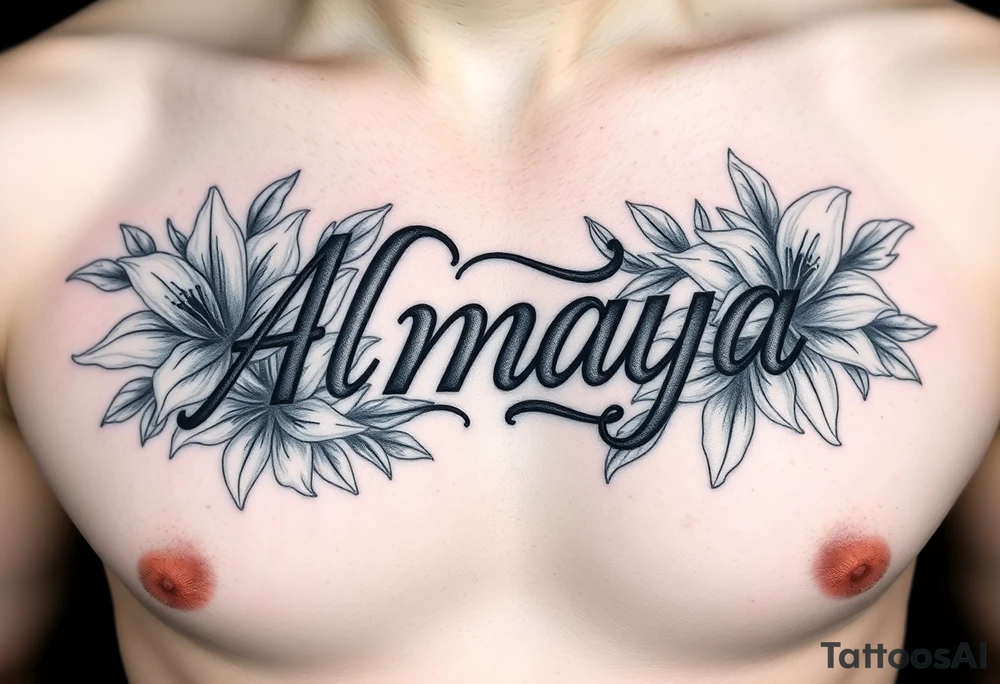 The name Almaya surrounded by Lilies. I want this on my ribs tattoo idea