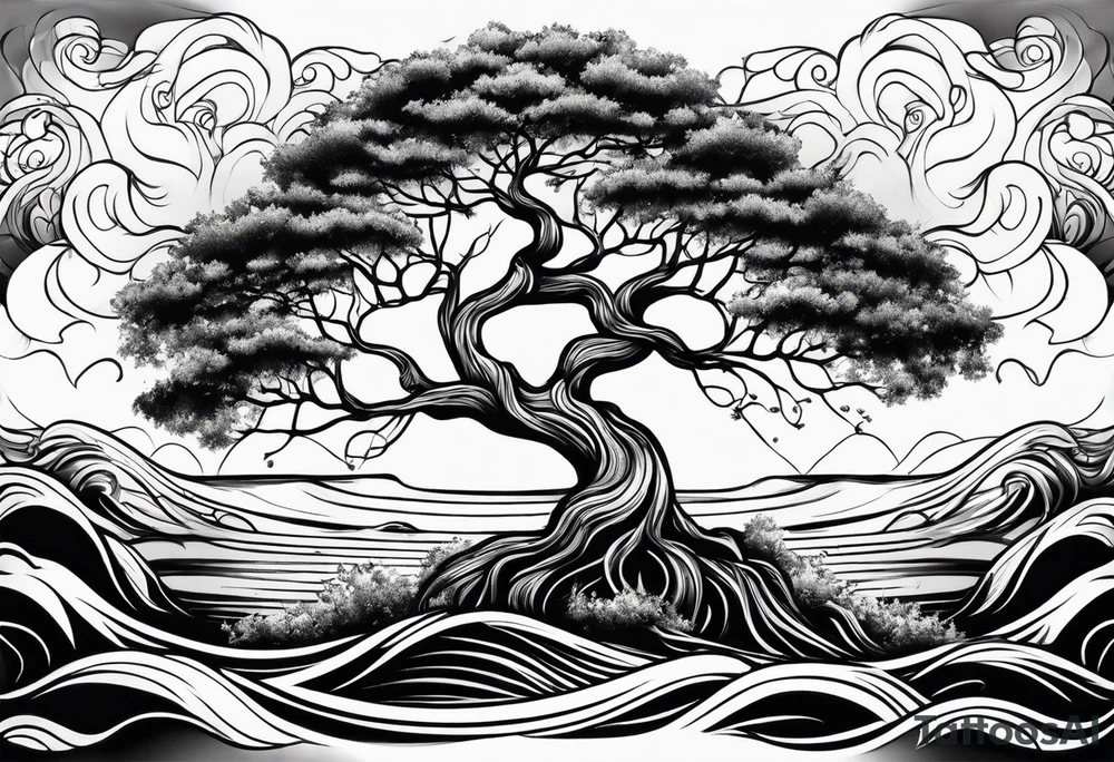 tree with roots growing around calming waves tattoo idea
