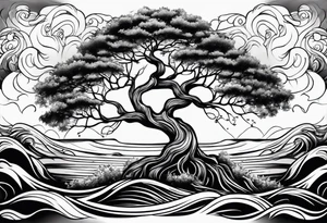 tree with roots growing around calming waves tattoo idea
