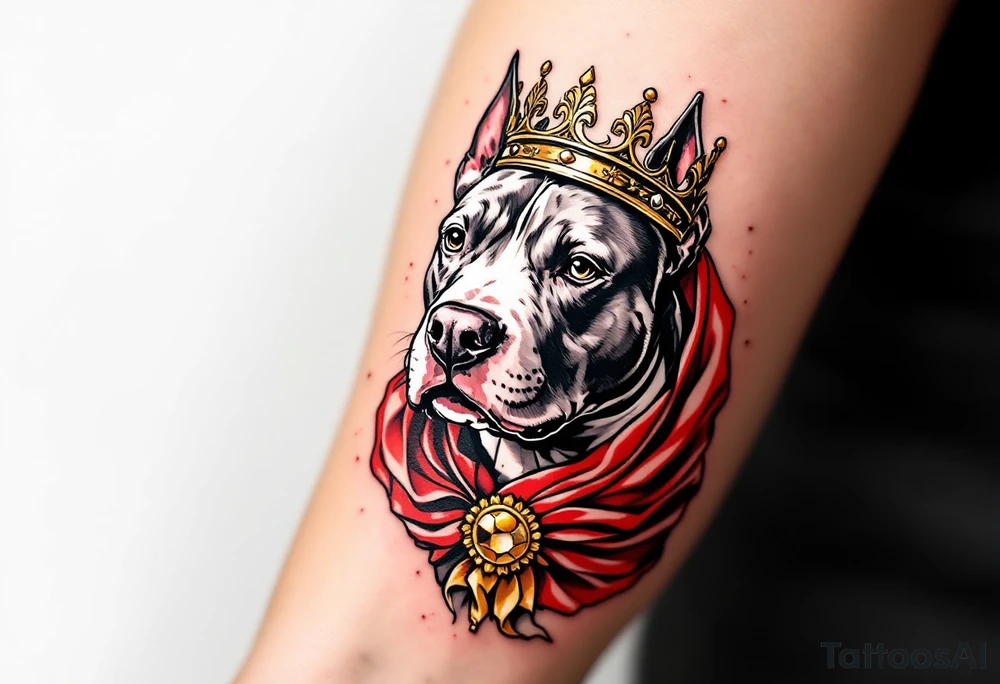 Pitbull wearing a crown, regal pose, realistic black and white with golden accents on the crown and royal red drapery. tattoo idea