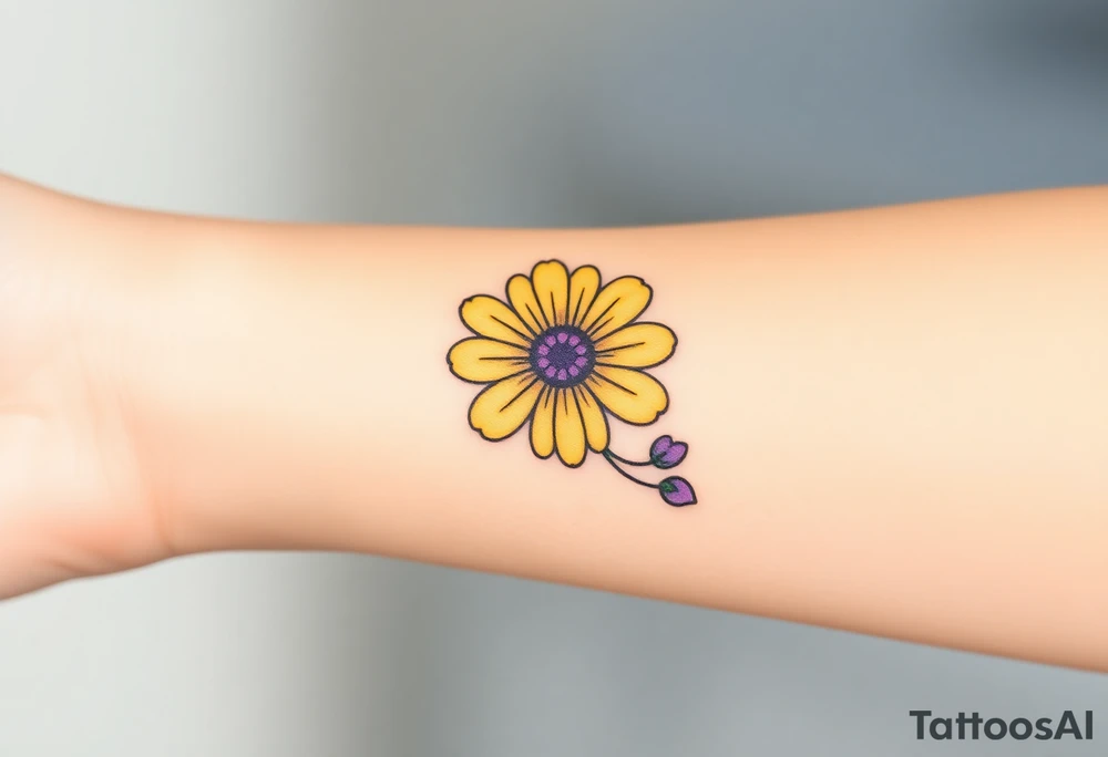 Simple yellow daisy with Purple Hearts & cross tattoo idea