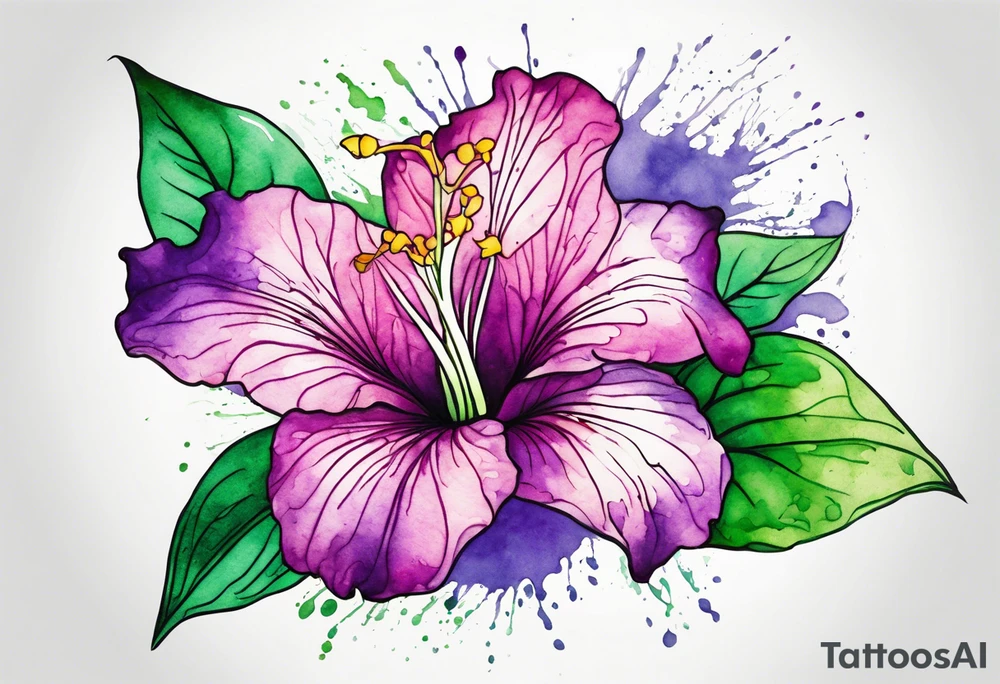 An outline of a green rio dipladenia flower and a purple watercolor splash in the background tattoo idea