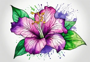 An outline of a green rio dipladenia flower and a purple watercolor splash in the background tattoo idea