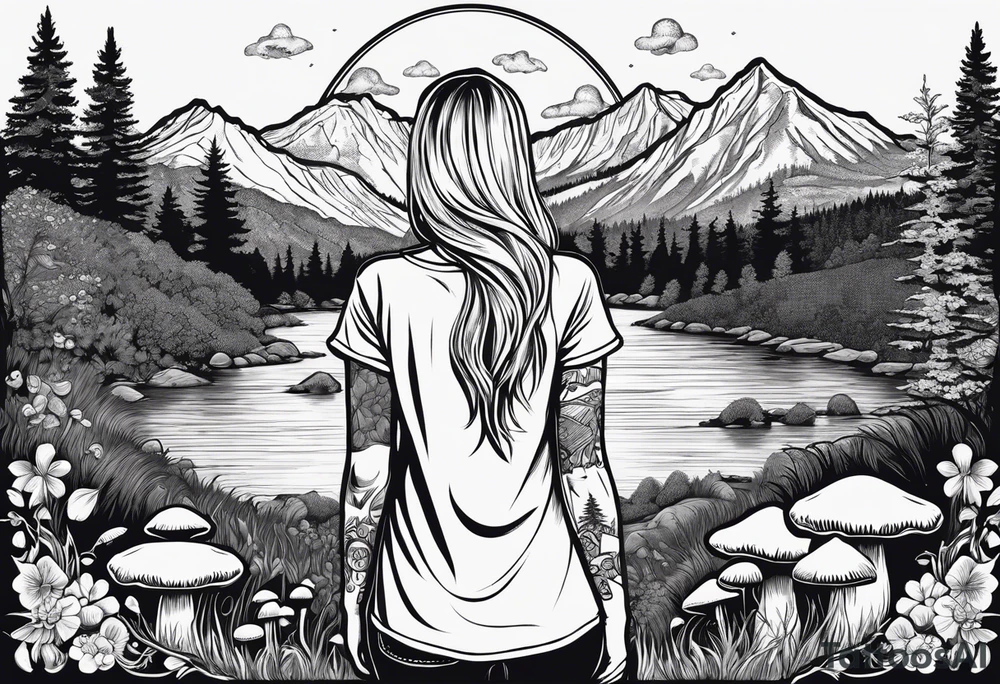 Whole picture encircled fully

Straight long blonde hair hippie girl in distance holding mushrooms in hand facing away toward mountains and creek surrounded by mushrooms tee shirt and hiking pants; whole rendering within a full circle, no cut off circle tattoo idea