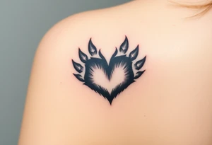 A black-and-gray shaded paw forming a heart, with sharp fur details and intense shading for a bold, mystical look tattoo idea