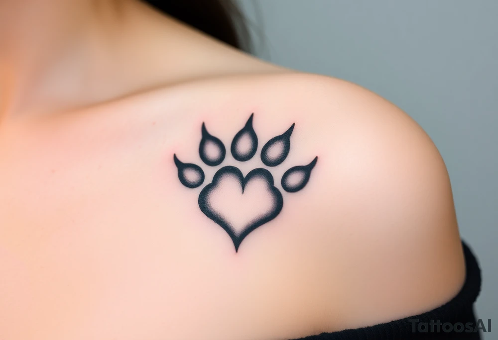 A black-and-gray shaded paw forming a heart, with sharp fur details and intense shading for a bold, mystical look tattoo idea